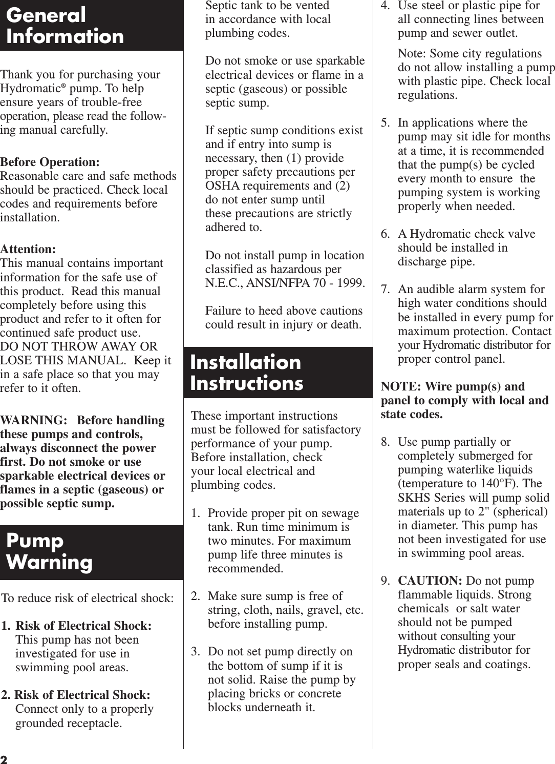 Page 2 of 12 - 145567 2 Hydromatic Skhs Owners Manual W-03-379 User