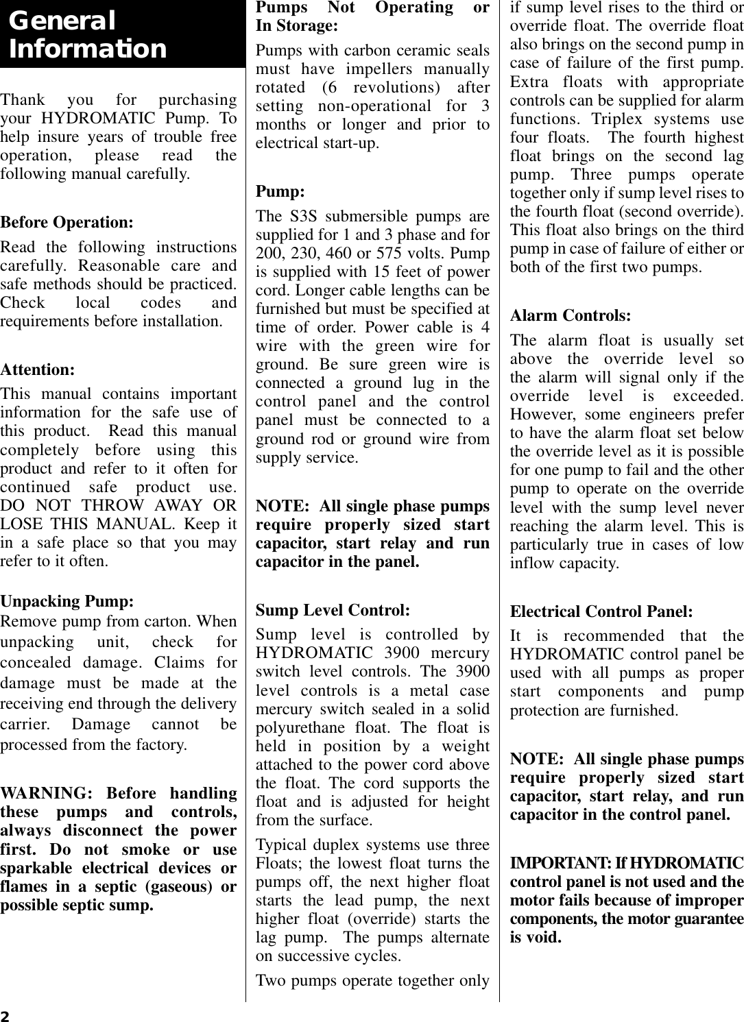 Page 2 of 12 - 146437 2 Hydromatic S4S Owners Manual Pump 146437_2_Hydromatic User