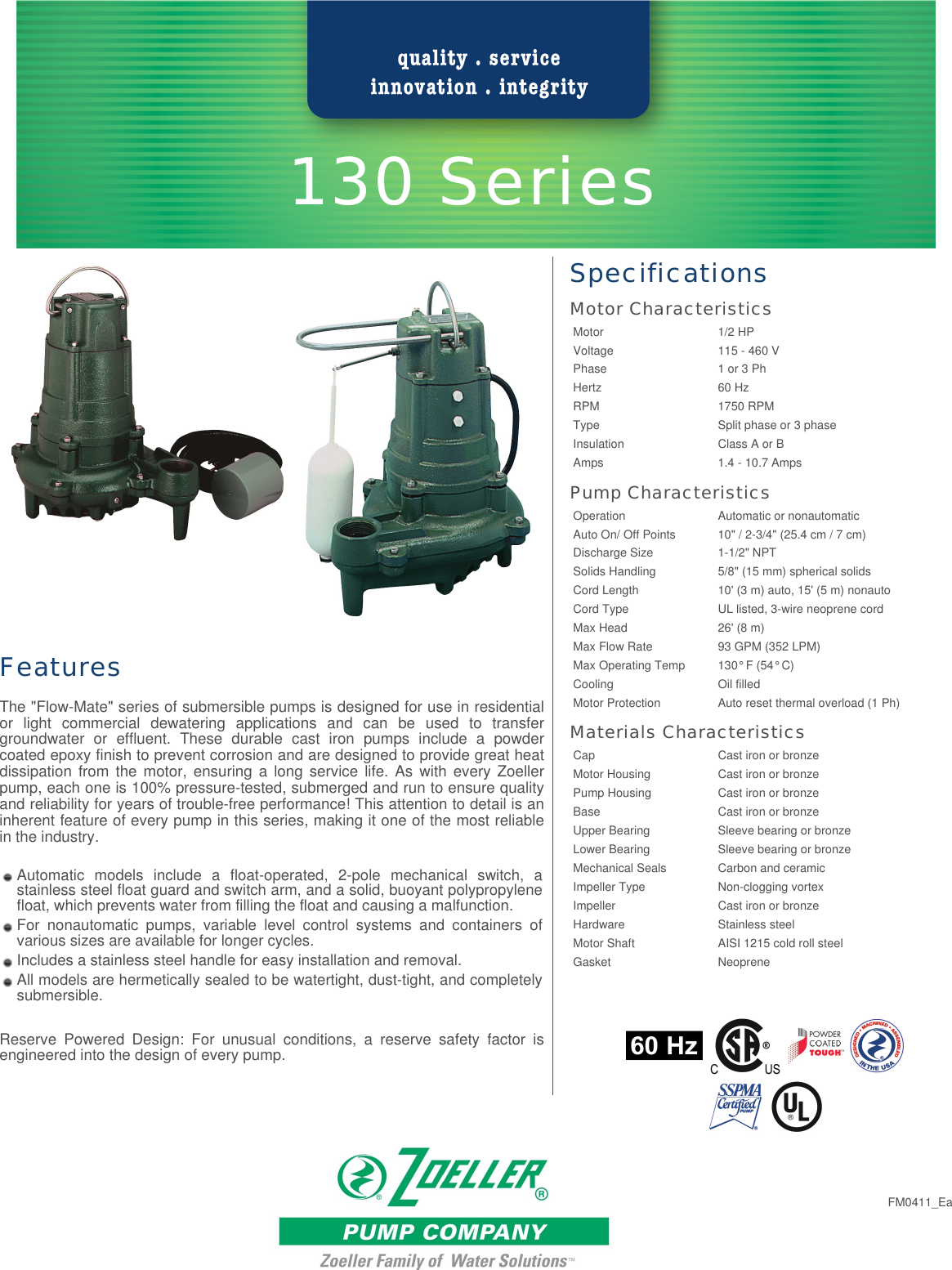 Page 1 of 2 - 154 2 Zoeller 130 Series Specifications Pump Company User Manual