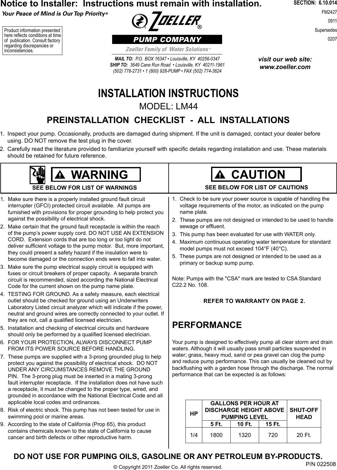 Page 1 of 2 - 165 2 Zoeller Installation Instructions User Manual