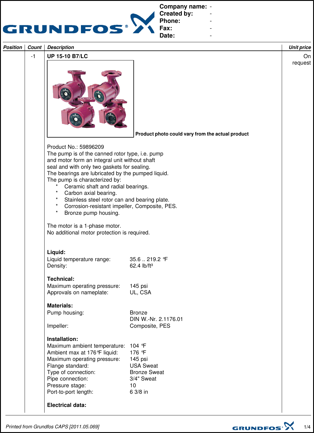 Page 1 of 4 - 17529 2 Grundfos 59896209 Submittal Print/Preview User Manual