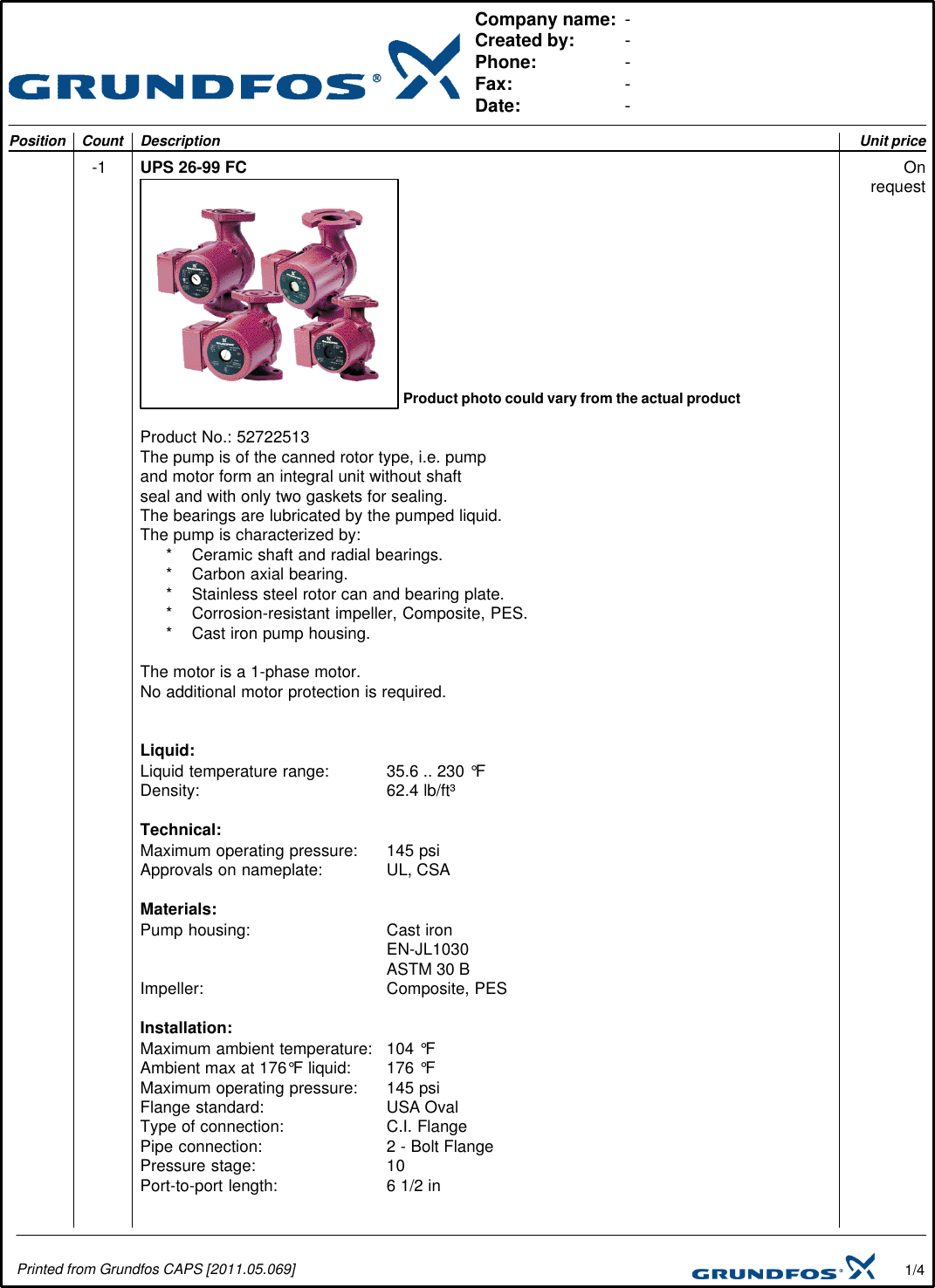 Page 1 of 4 - 17584 1 Grundfos 52722513 Submittal Print/Preview User Manual