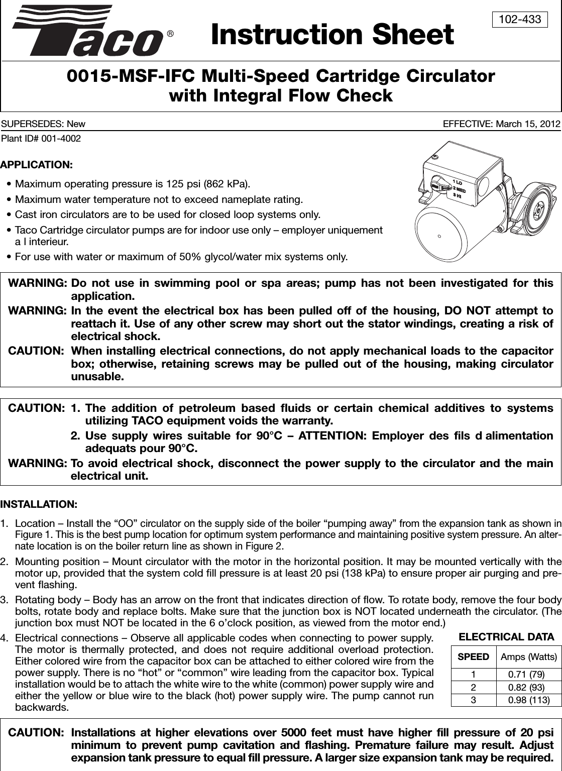 Page 1 of 4 - 17598 2 Taco 0015-Msf3-1Ifc Instructions 102-226 User Manual