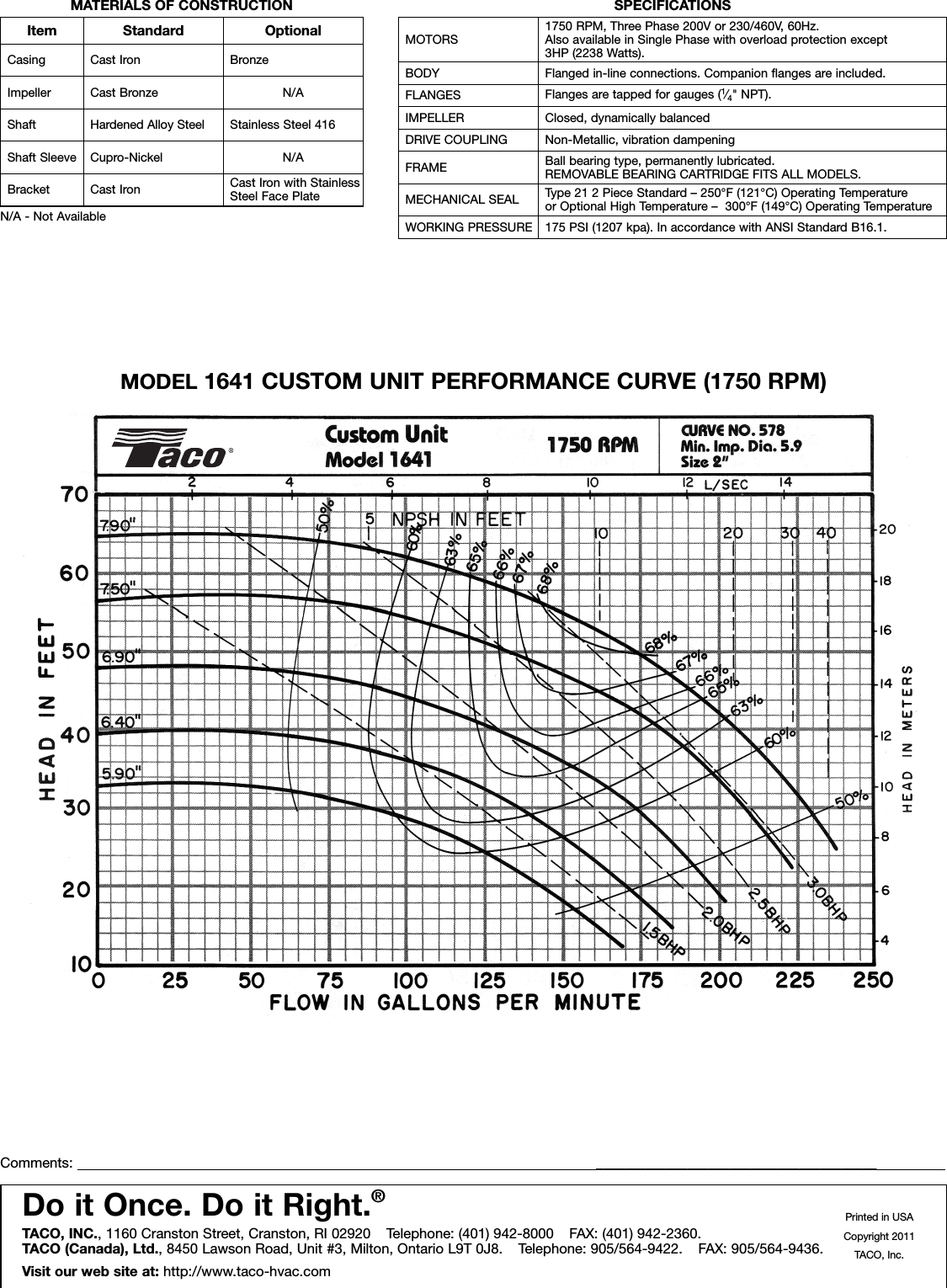 17604 2 Taco 1641C3N2 Submittal 301 006 1641 1750 User Manual