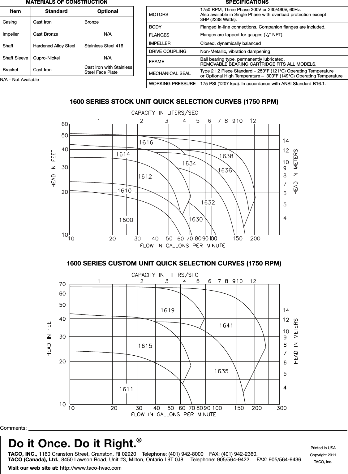 Page 2 of 2 - 17790 2 Taco 1610-B3E1 Submittal 301-001 1600 SERIES PUMP User Manual