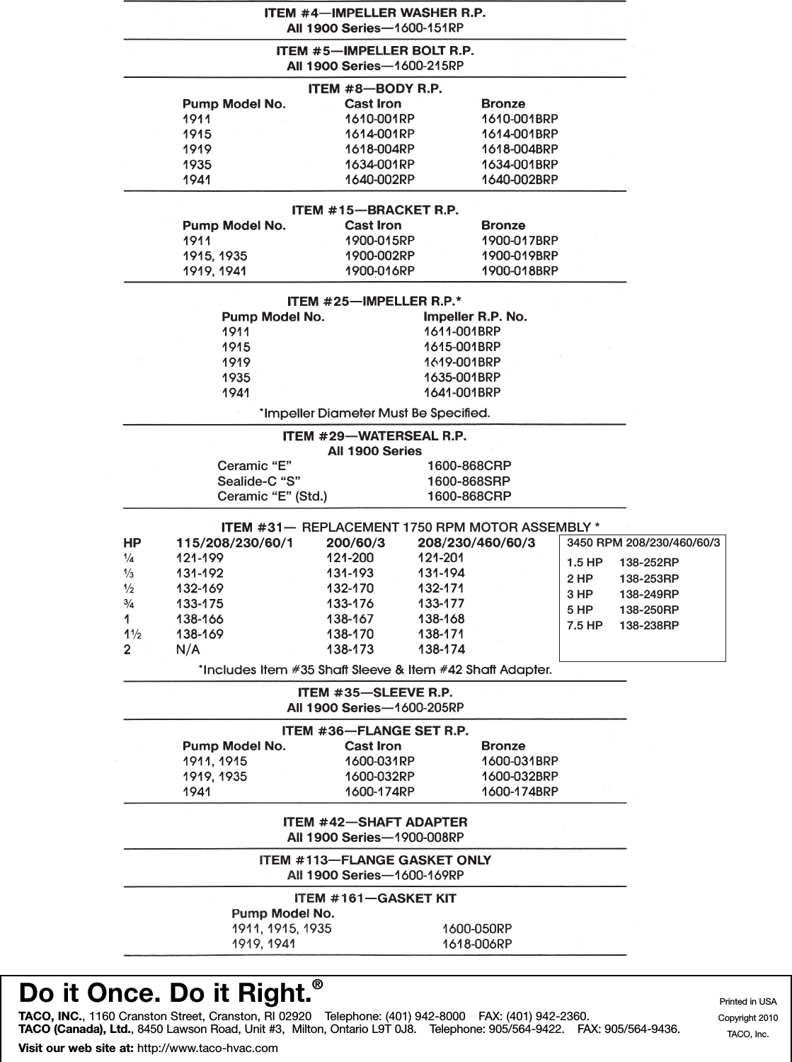 Page 2 of 2 - 17791 5 Taco 1915B1E10133175 Repair Parts 304-054 1900 RPL User Manual