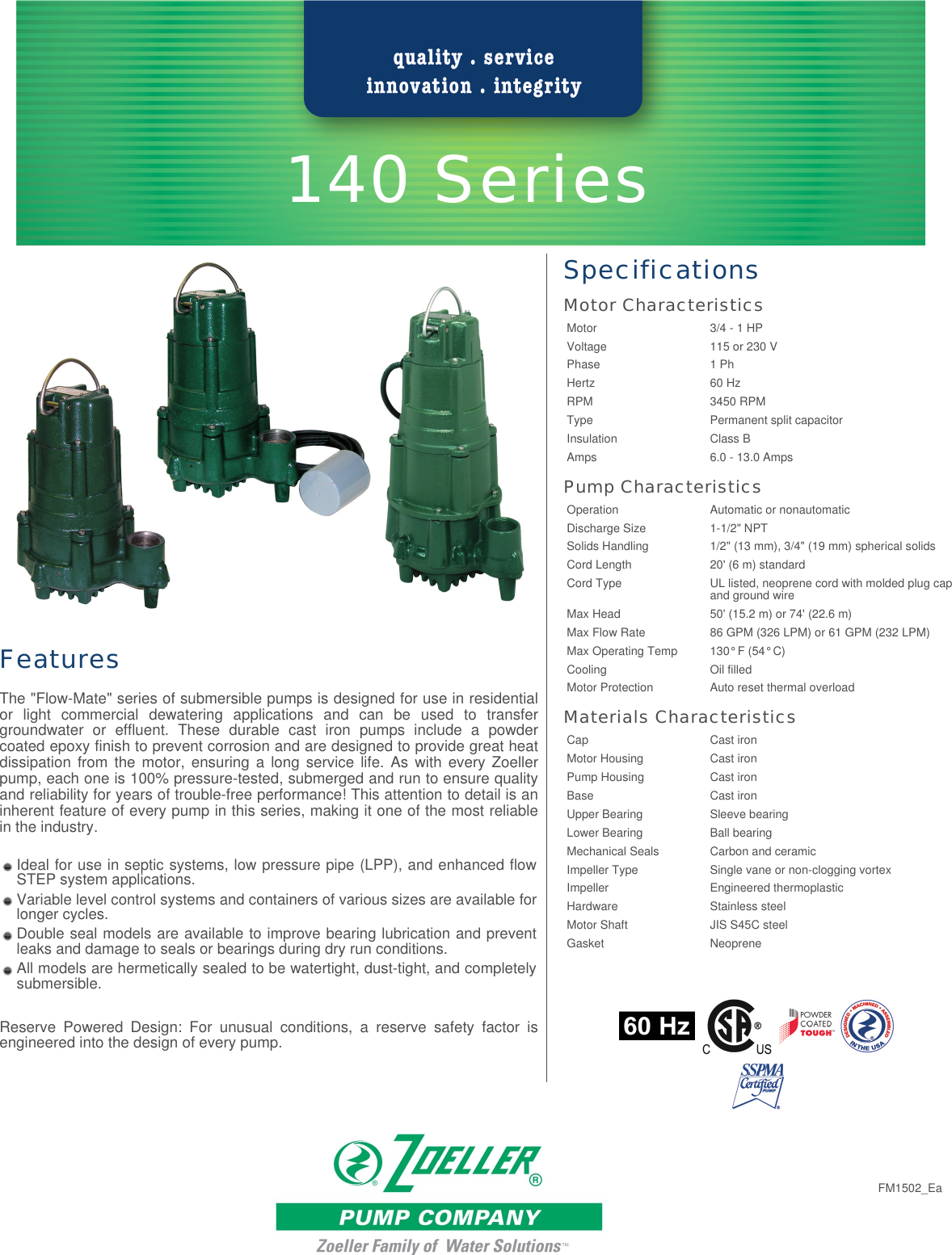 179 2 Zoeller 140 Flow Mate Series Specifications Pump Company User Manual
