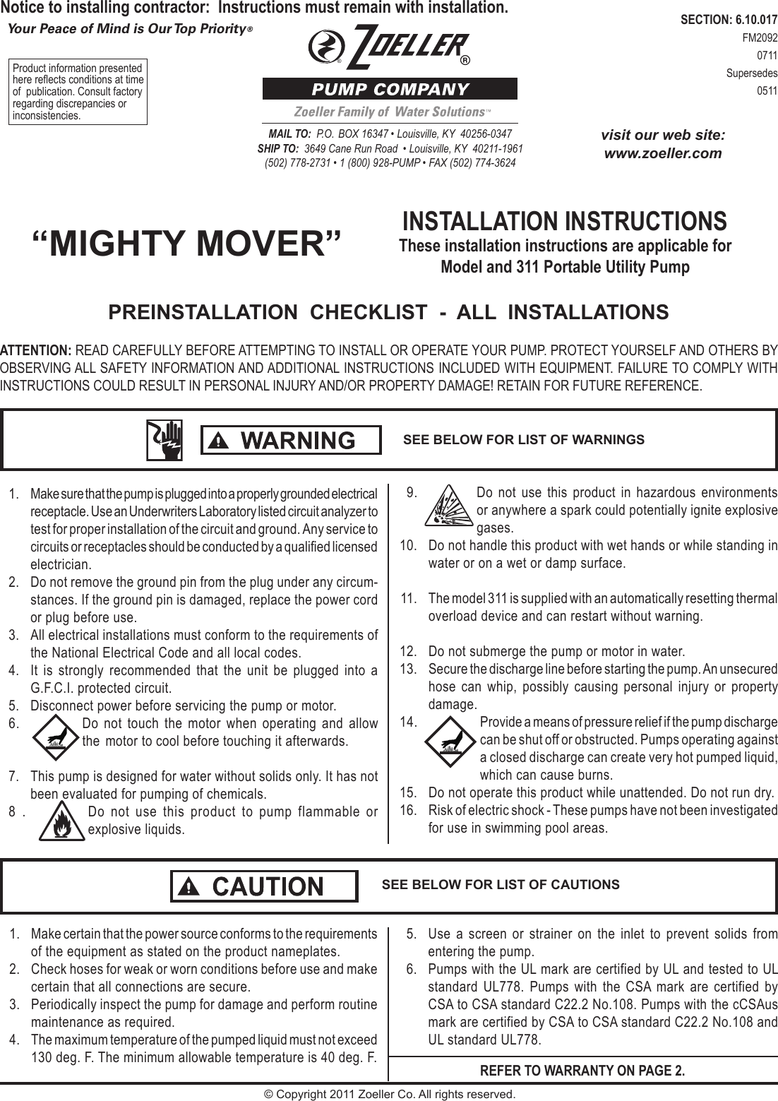 Page 1 of 4 - 181134 2 Zoeller  311 Instructions User Manual