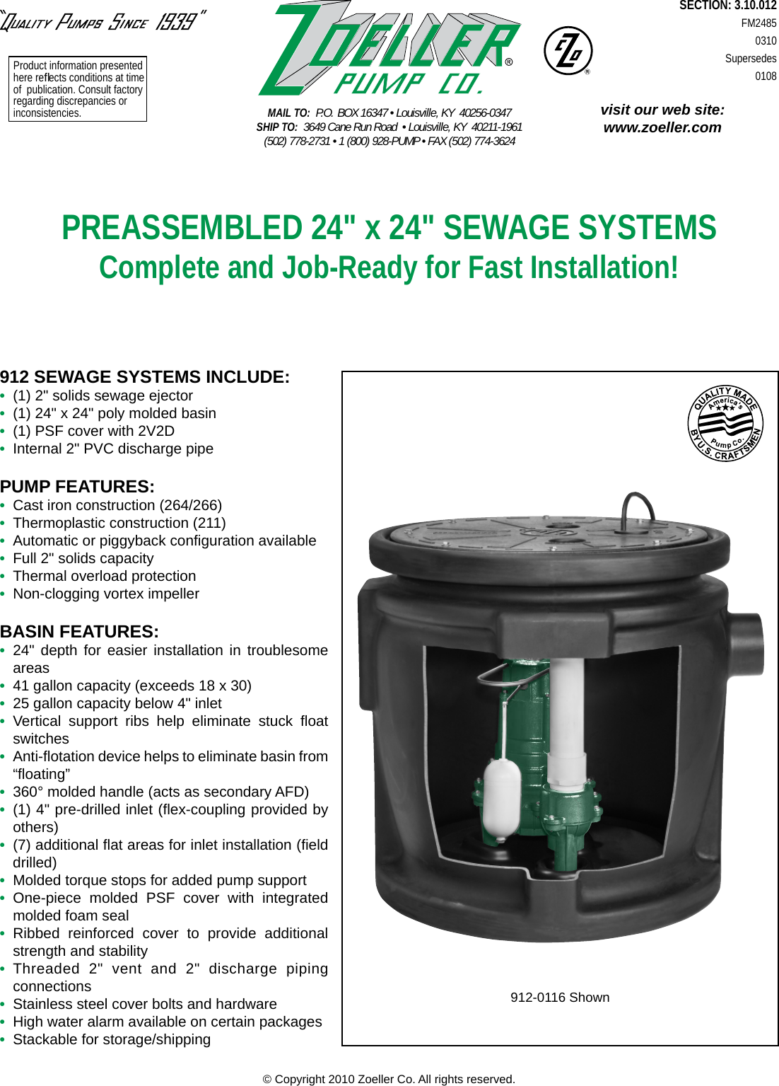 Page 1 of 2 - 196 1 Zoeller 912 Product Brochure Fm2485-Preassembled 24 X Sewage Systems User Manual