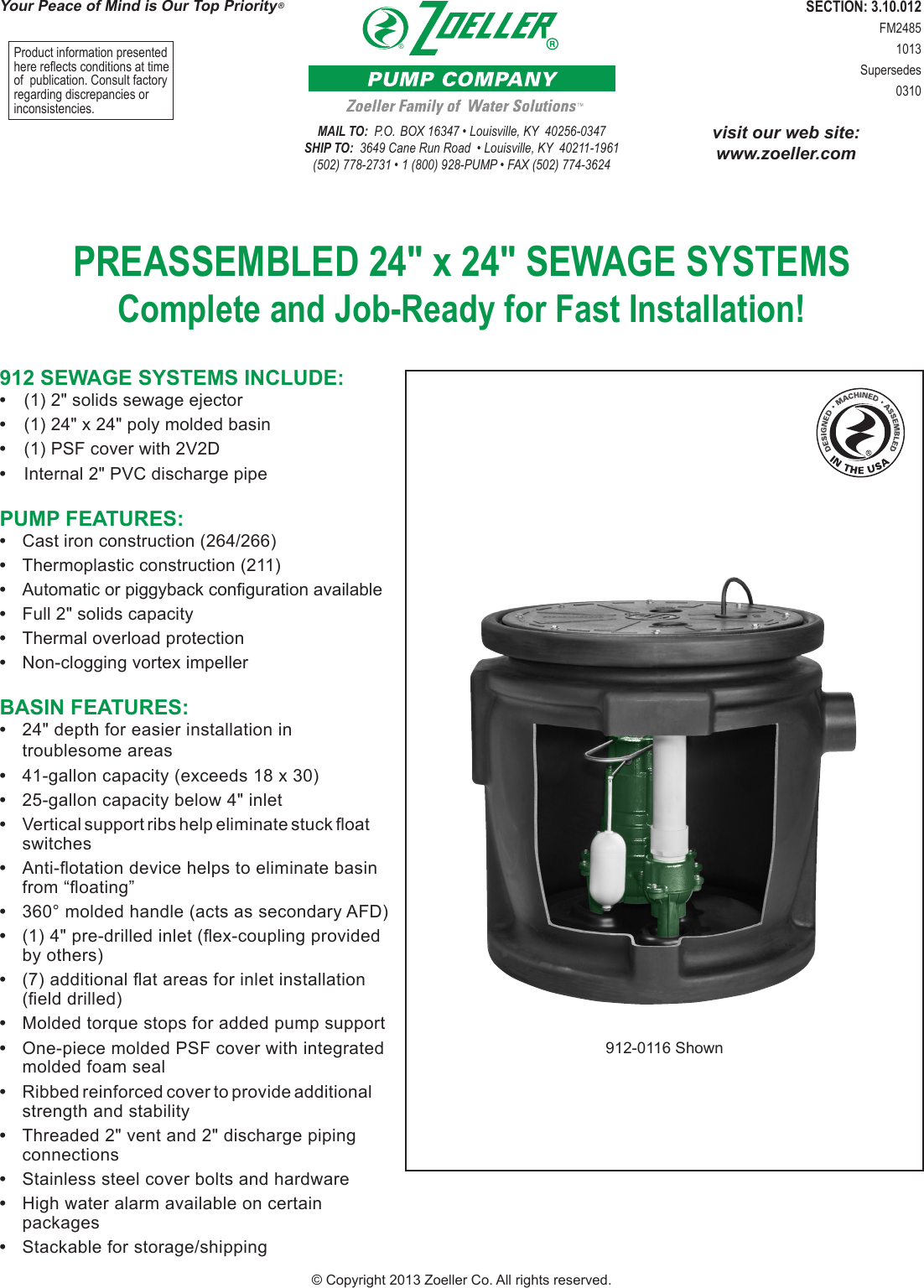 Page 1 of 2 - 196 3 Zoeller 912 Sewage Package Specifications User Manual