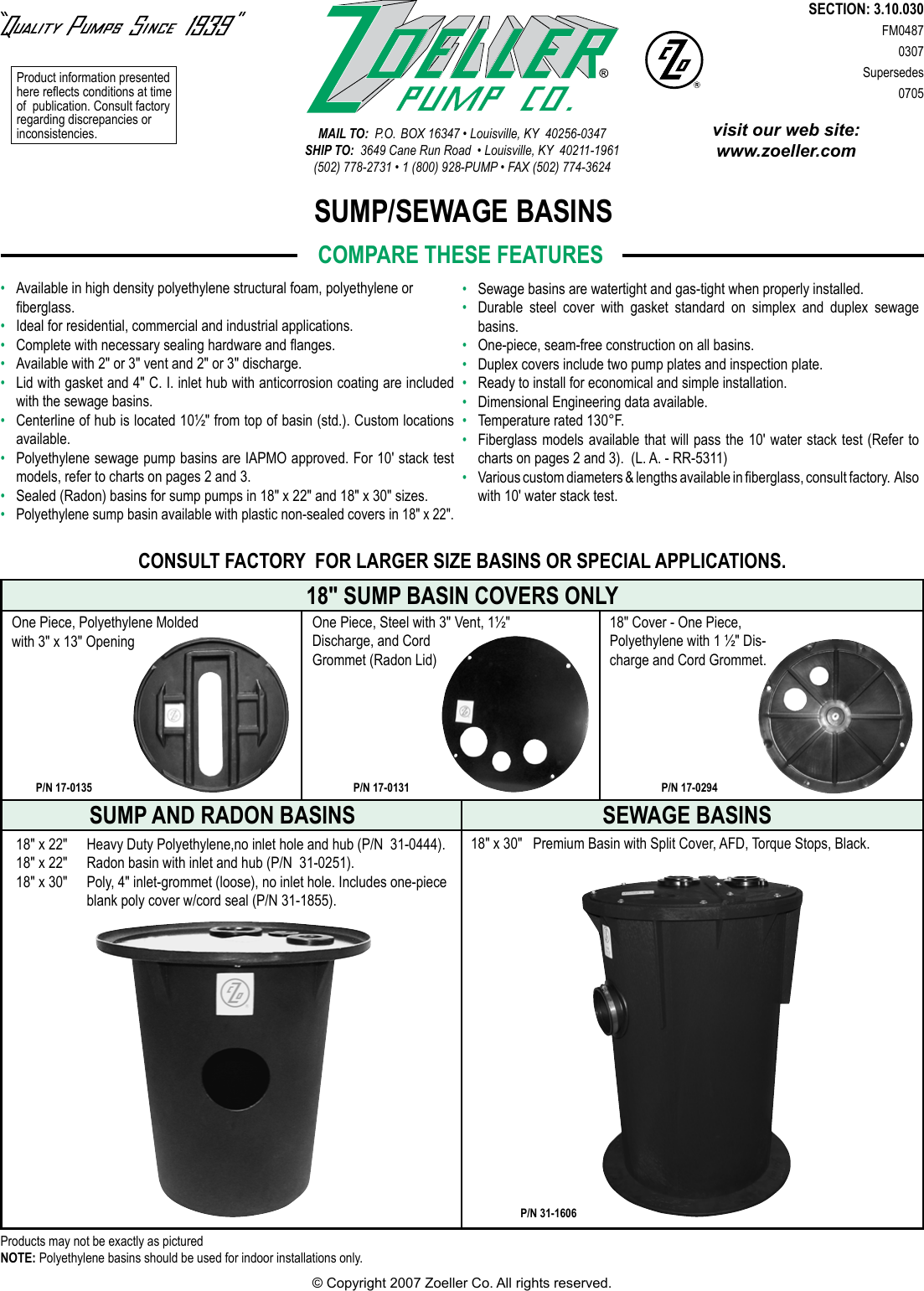 Page 1 of 4 - 1987 1 Zoeller 31-0091 Brochure Fm0487-Sump/Sewage Basin Catalog Sheet User Manual