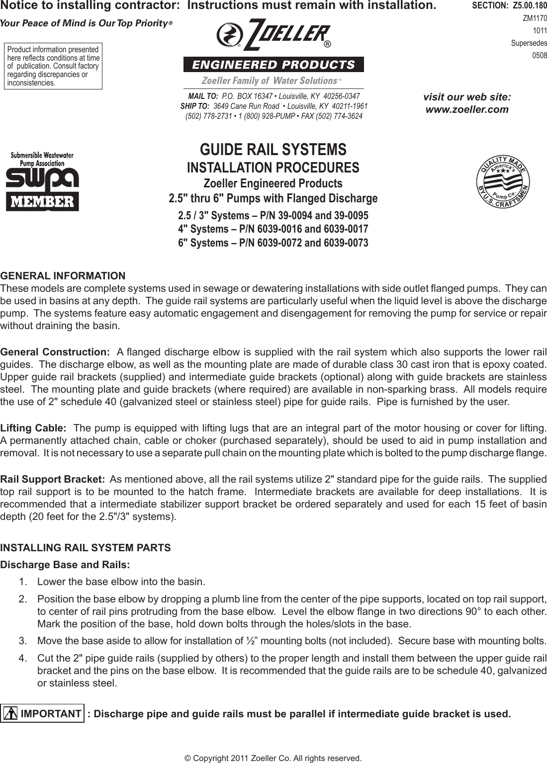 1990 2 Zoeller Guide Rail System Instructions User Manual