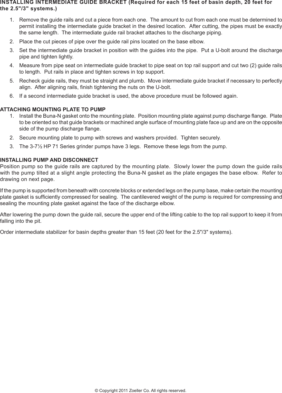 1990 2 Zoeller Guide Rail System Instructions User Manual