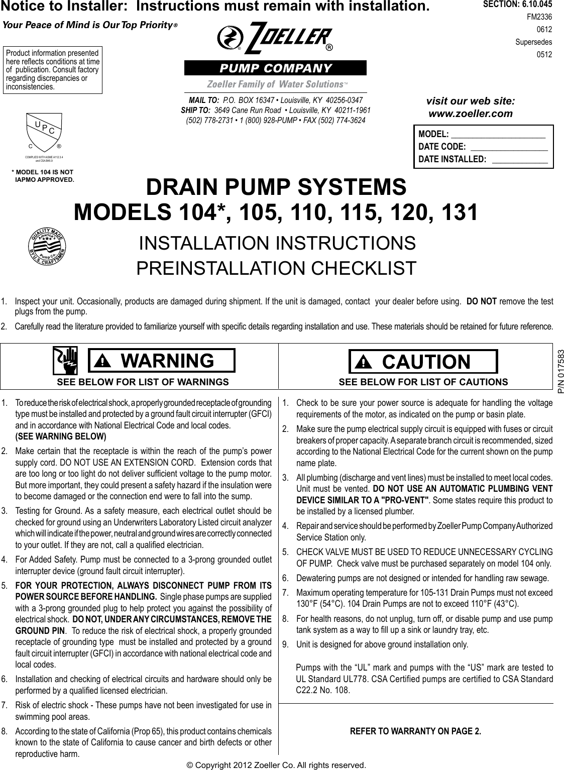 Page 1 of 8 - 2025 2 Zoeller Drain Pump Instructions User Manual