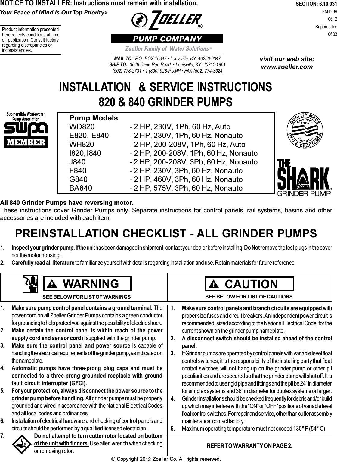 Page 1 of 4 - 2049 3 Zoeller 840 Series Instructions User Manual