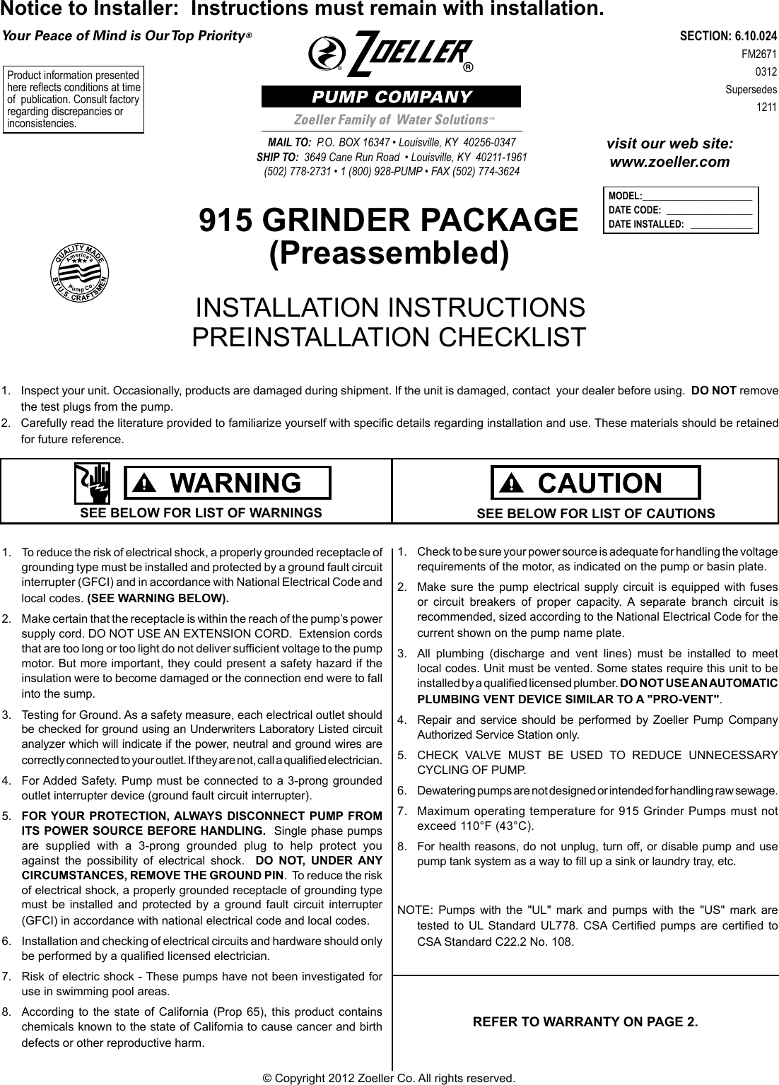 Page 1 of 4 - 211 2 Zoeller 915 Product Instructions User Manual