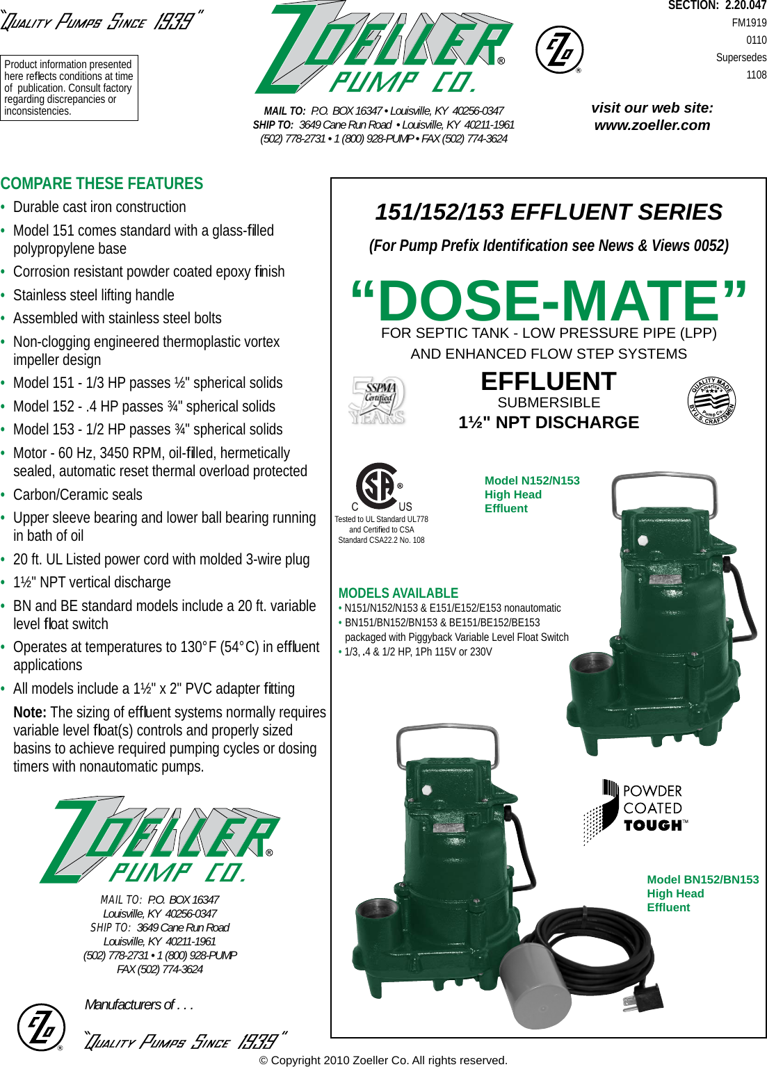 Page 1 of 2 - 213 6 Zoeller N152 Brochure Fm1919- 151/152/153 Effluent Series DOSE MATE User Manual