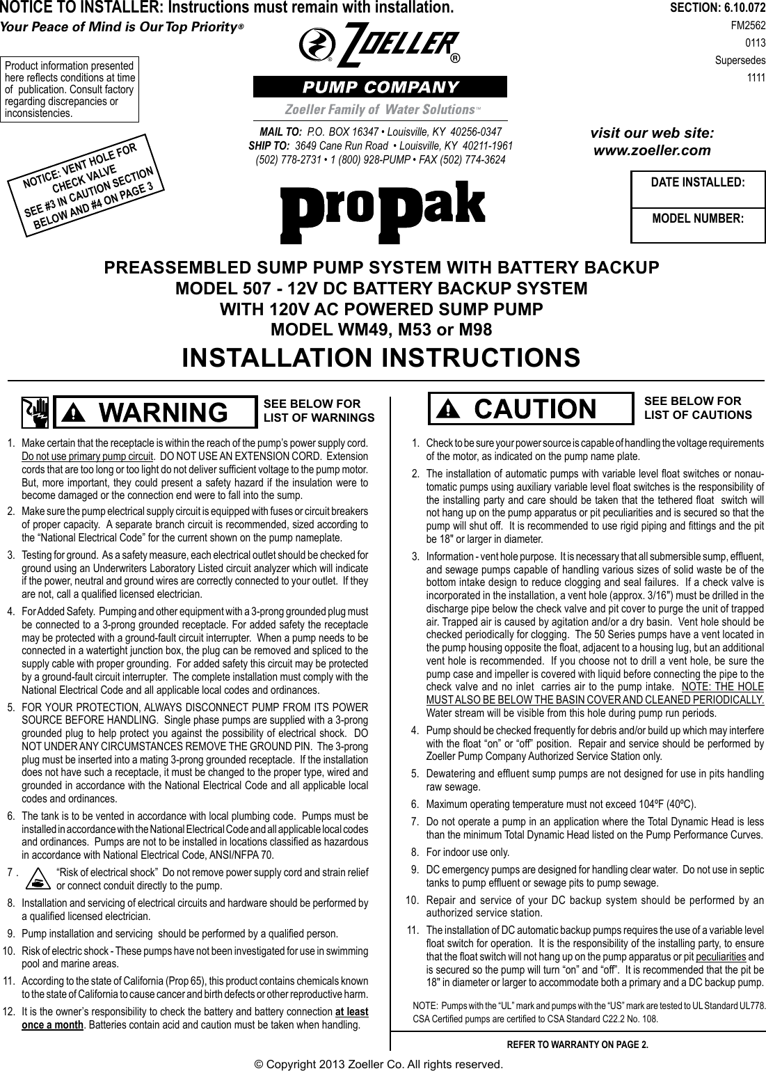 218 2 Zoeller Pro Pak 98 Instructions User Manual