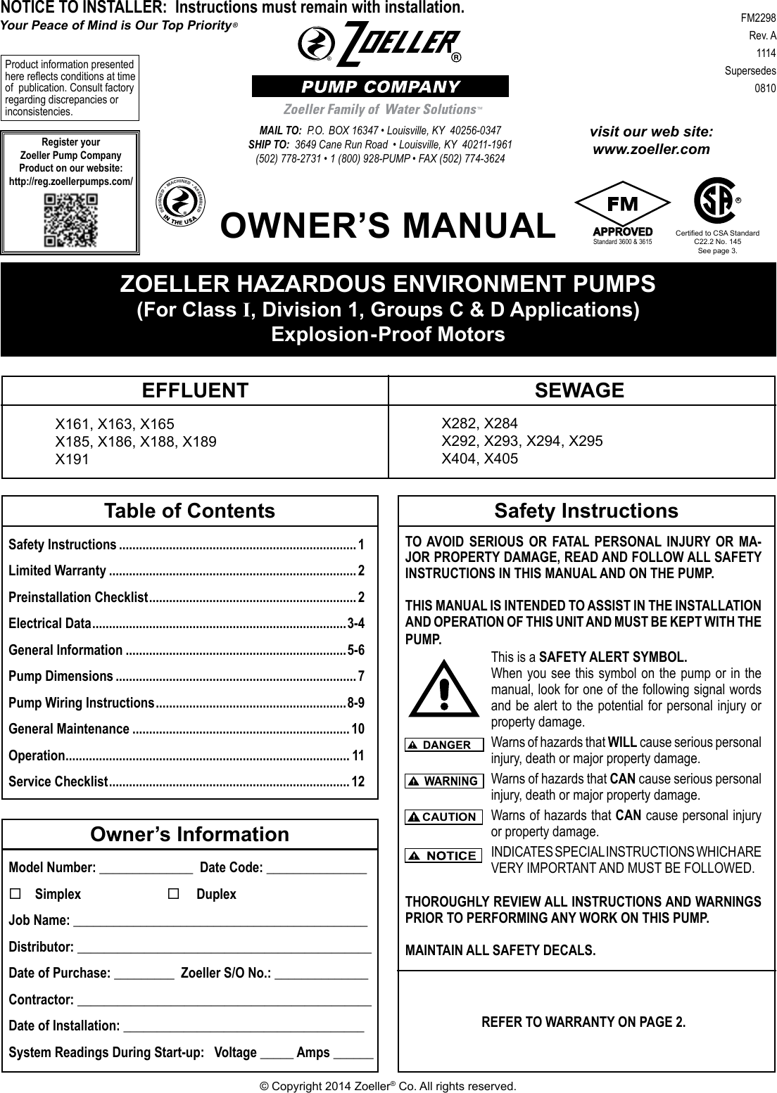 231 1 Zoeller X280 Series Explosion Proof Pump Owners Manual User