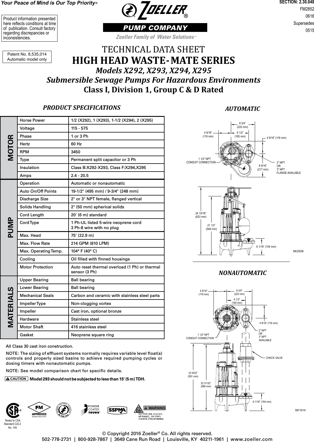 232 3 Zoeller X290 Series Explosion Proof Pump Technical Data User Manual