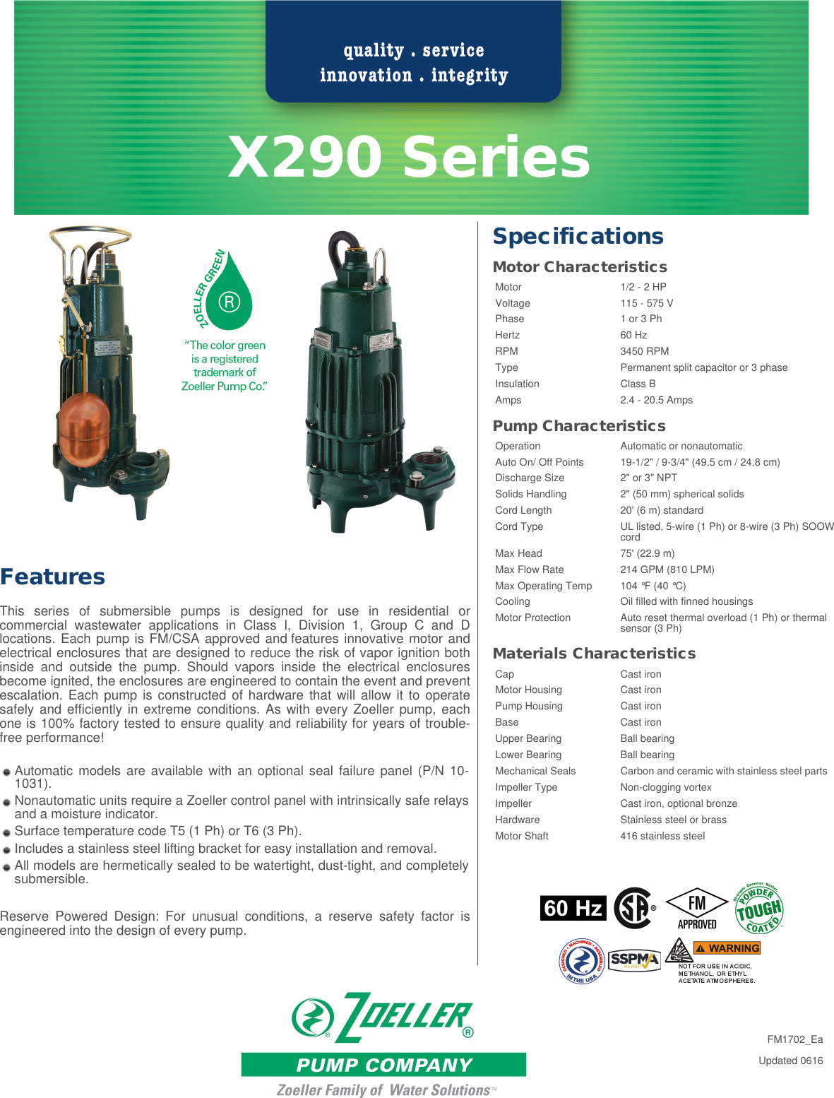 Page 1 of 2 - 233 2 Zoeller X290 Series Explosion Proof Pump Specifications Company User Manual