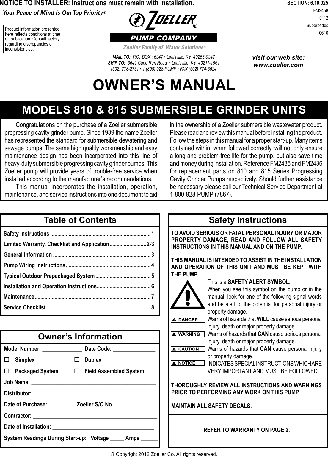 Page 1 of 8 - 235 2 Zoeller E810 Product Instructions User Manual