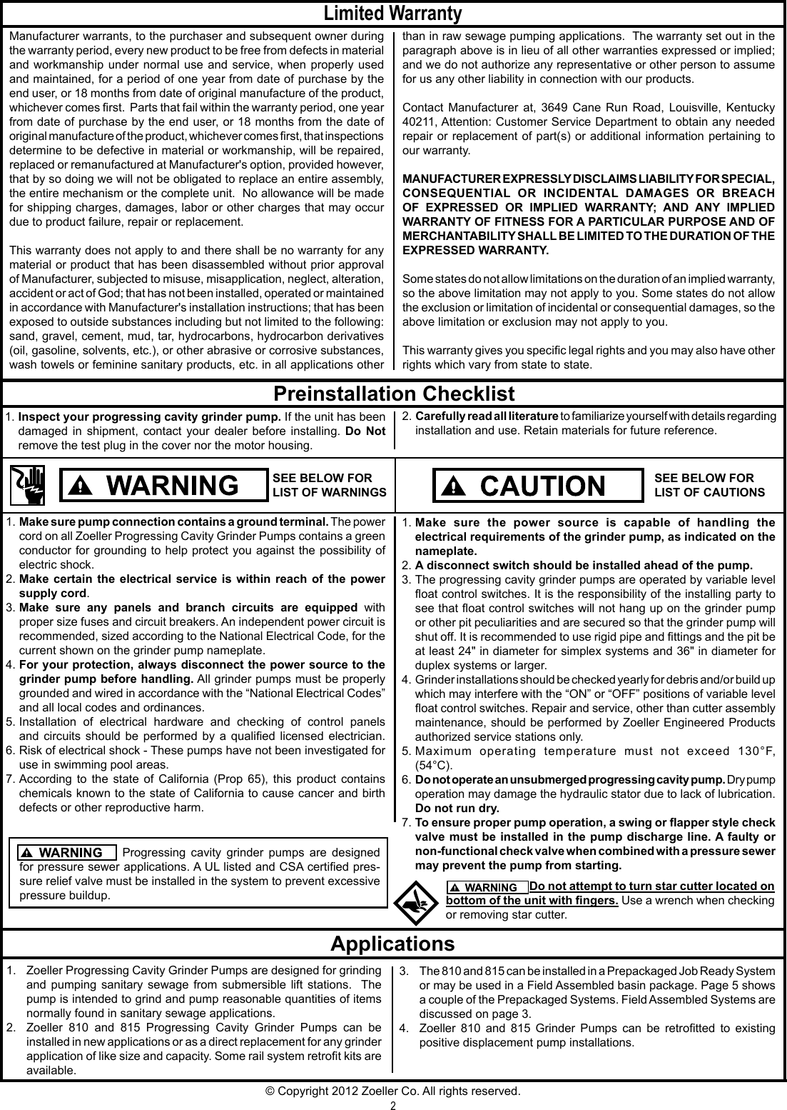 Page 2 of 8 - 235 2 Zoeller E810 Product Instructions User Manual