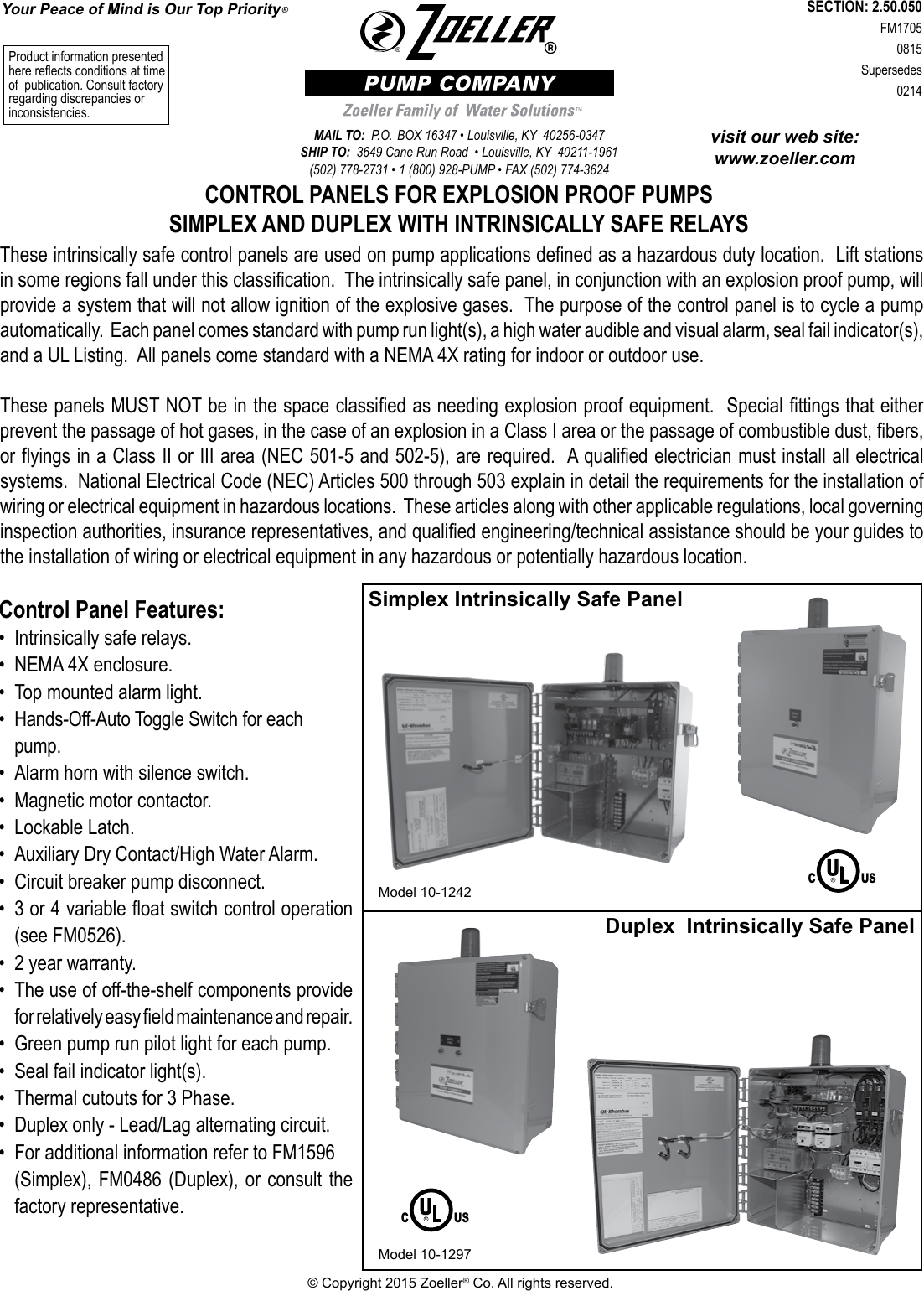 Page 1 of 2 - 2356 2 Zoeller Explosion Proof Control Panel Specifications User Manual