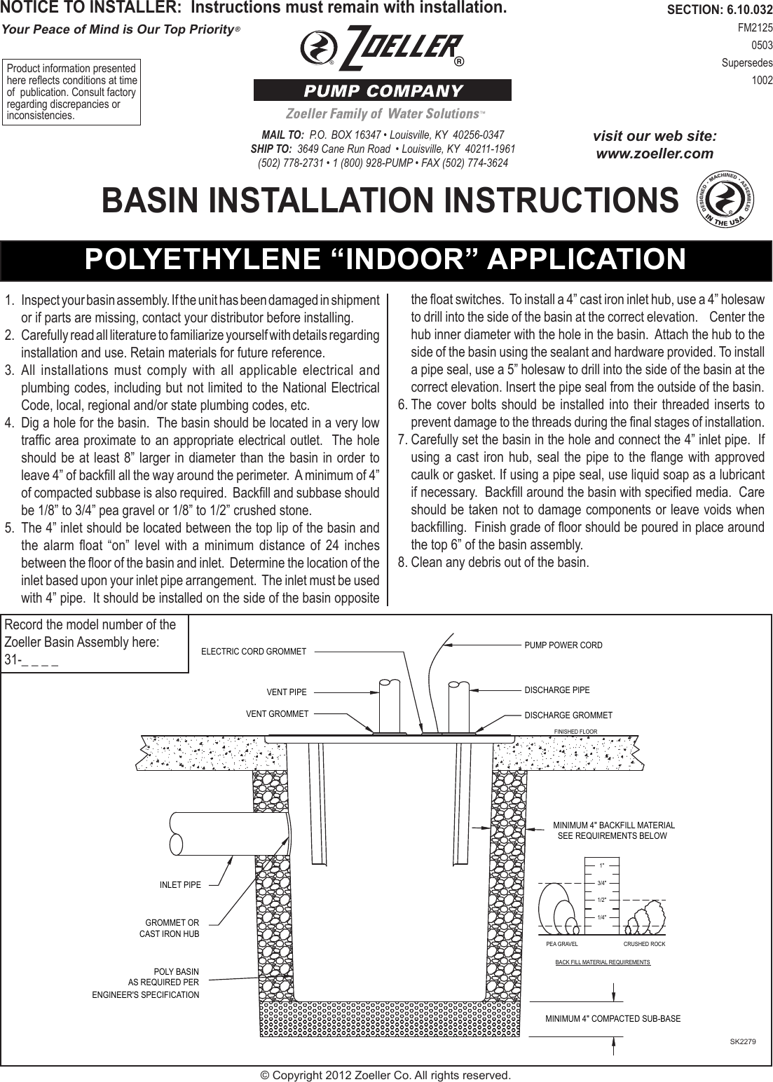 269 2 Zoeller Basin Installation Instructions User Manual