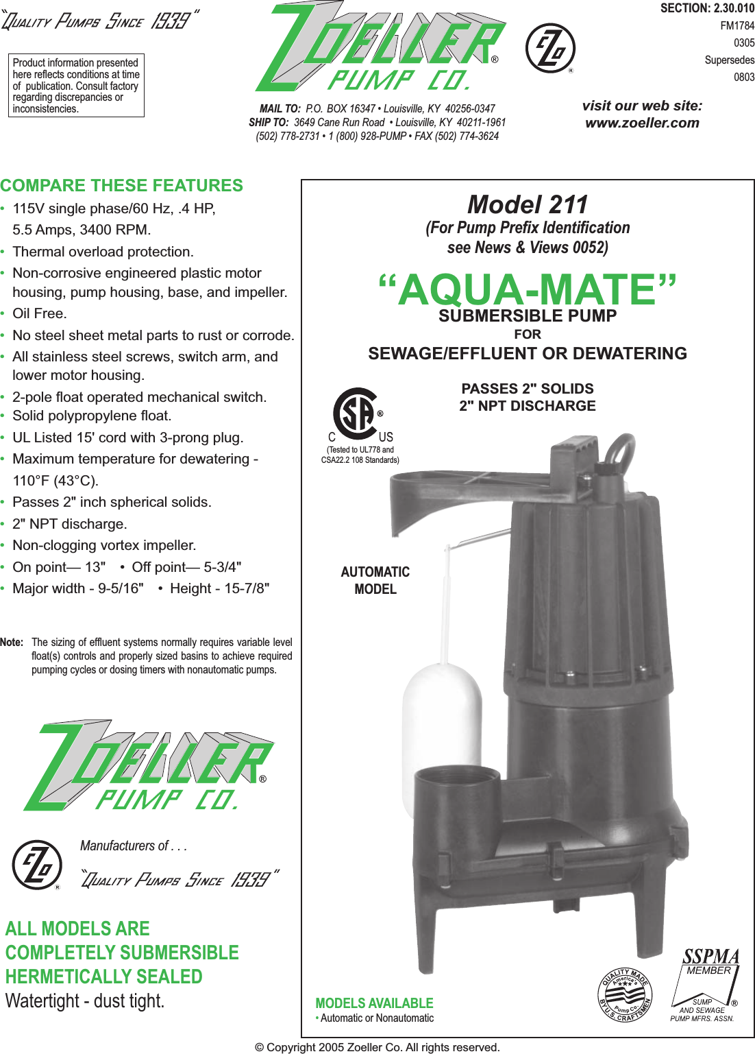 Page 1 of 2 - 3698 1 Zoeller  211 Brochure Fm1784-211 Catalog Sheet User Manual