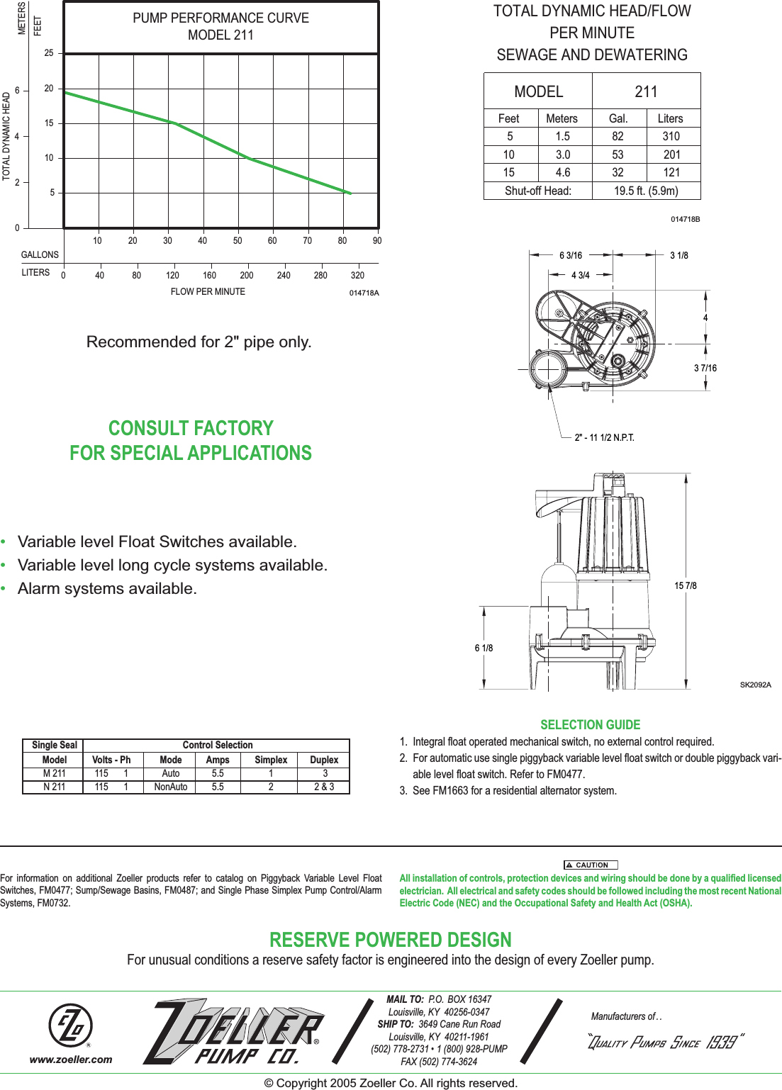 3698 1 Zoeller 211 Brochure Fm1784 Catalog Sheet User Manual