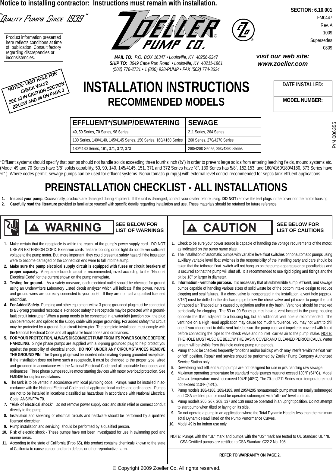 Page 1 of 12 - 3955 2 Zoeller 267-0057 Product Instructions Fm0447 User Manual
