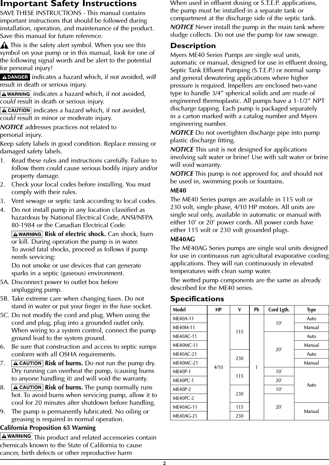 Page 2 of 12 - 409501 3 Myers Me40 Manual User
