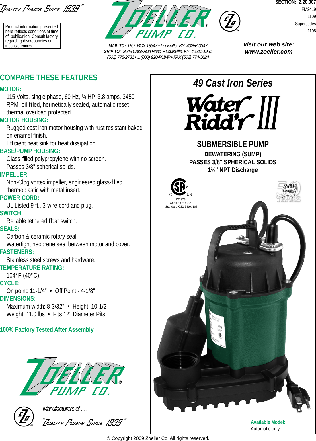 424 1 Zoeller 49 0006 Product Brochure Fm2419 Catalog Sheet User Manual