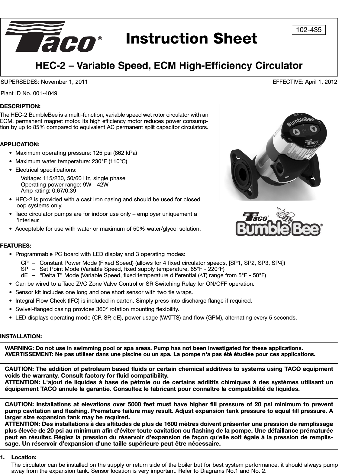 Page 1 of 8 - 48297 2 Taco Hec-2 Instructions 102-075 User Manual