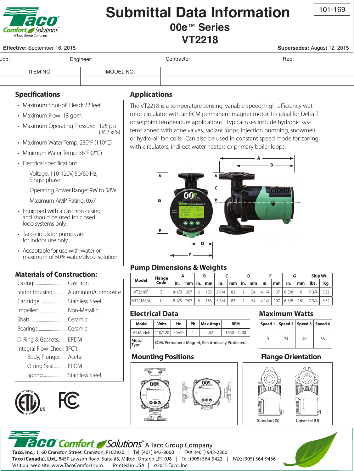 48297 3 Taco Vt2218 Circulator Submittal User Manual