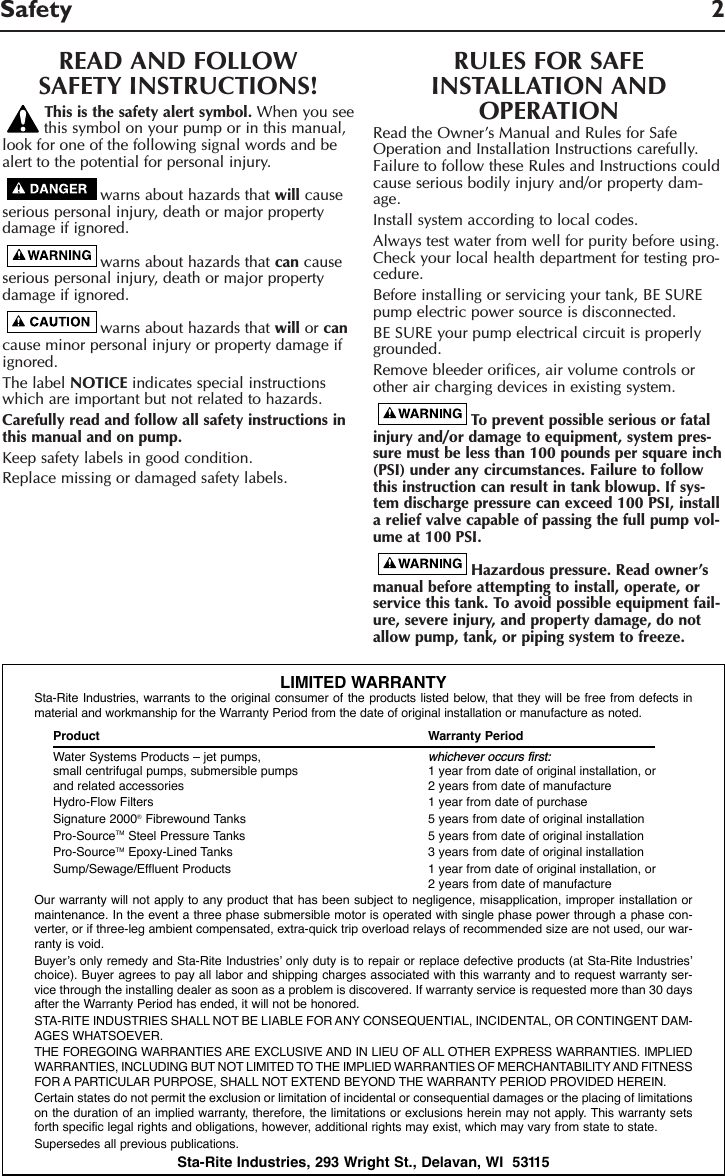 Page 2 of 8 - 49104 3 Berkeley Ps19H-S00 Owners Manual S490/Pro-Source Tank User
