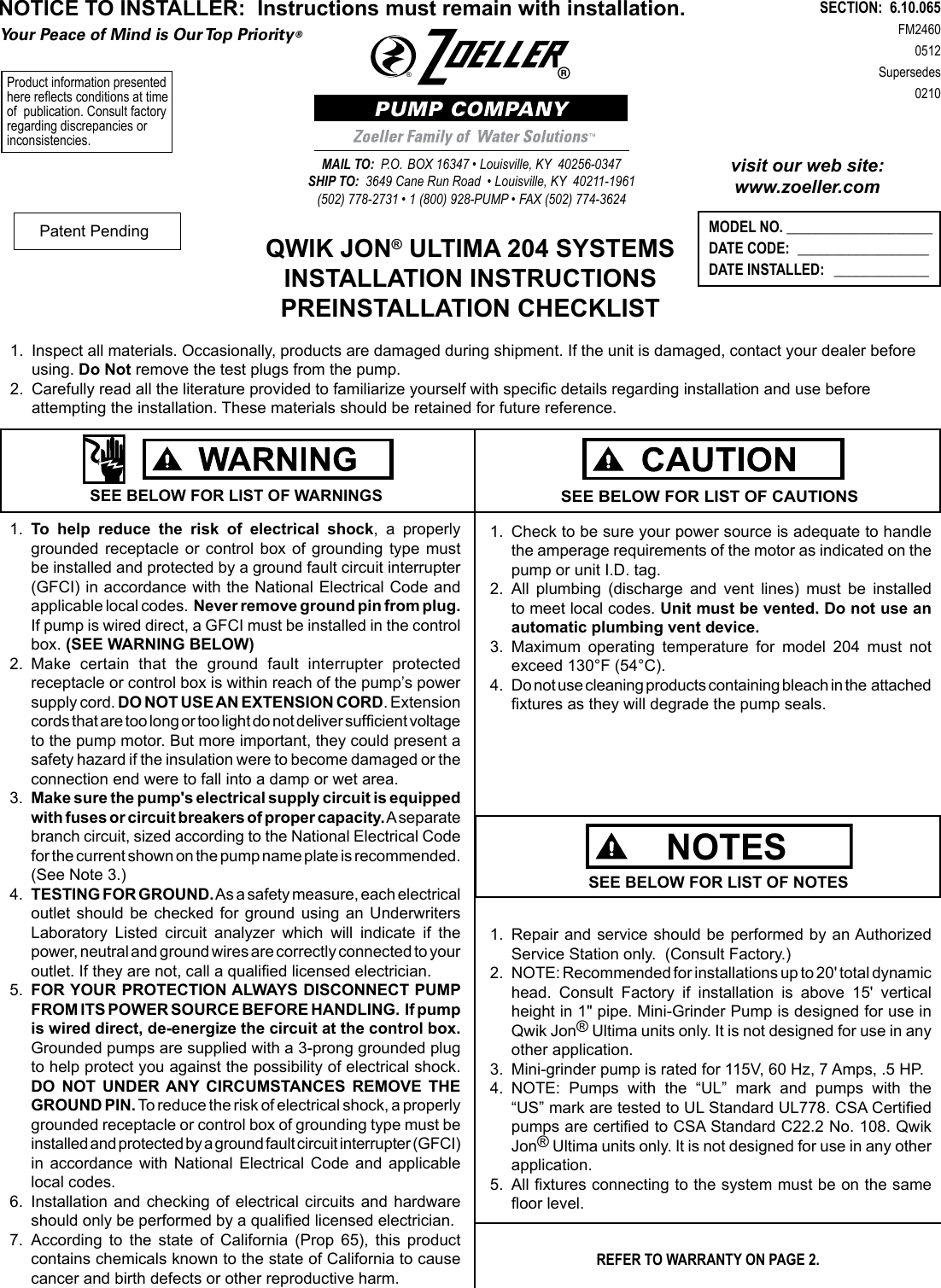 2 Zoeller 4 1000 Instructions User Manual