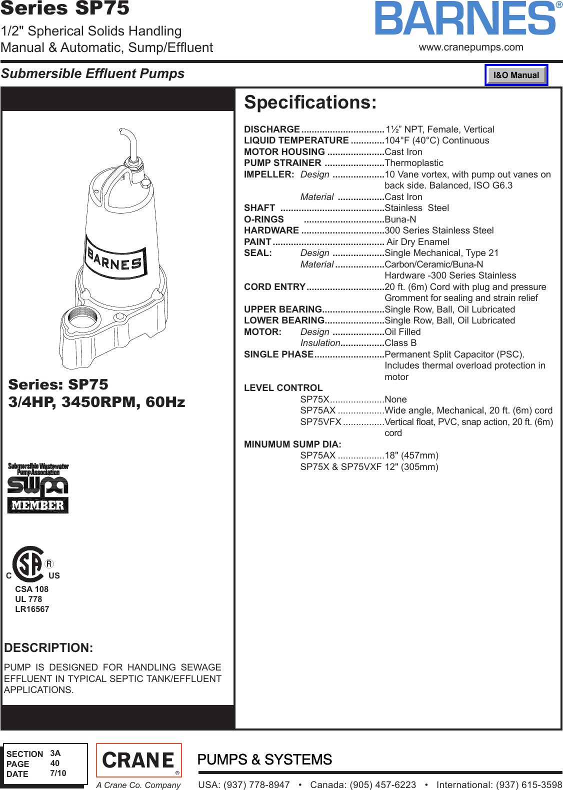534479 1 Barnes Sp75X Series Submittal Sec 3a User Manual
