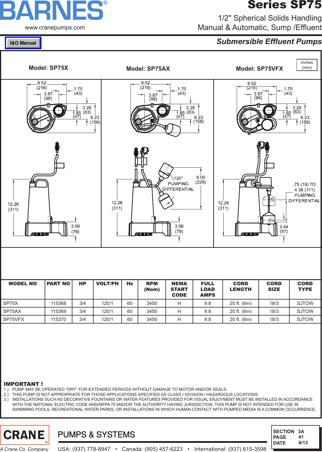 534479 1 Barnes Sp75X Series Submittal Sec 3a User Manual