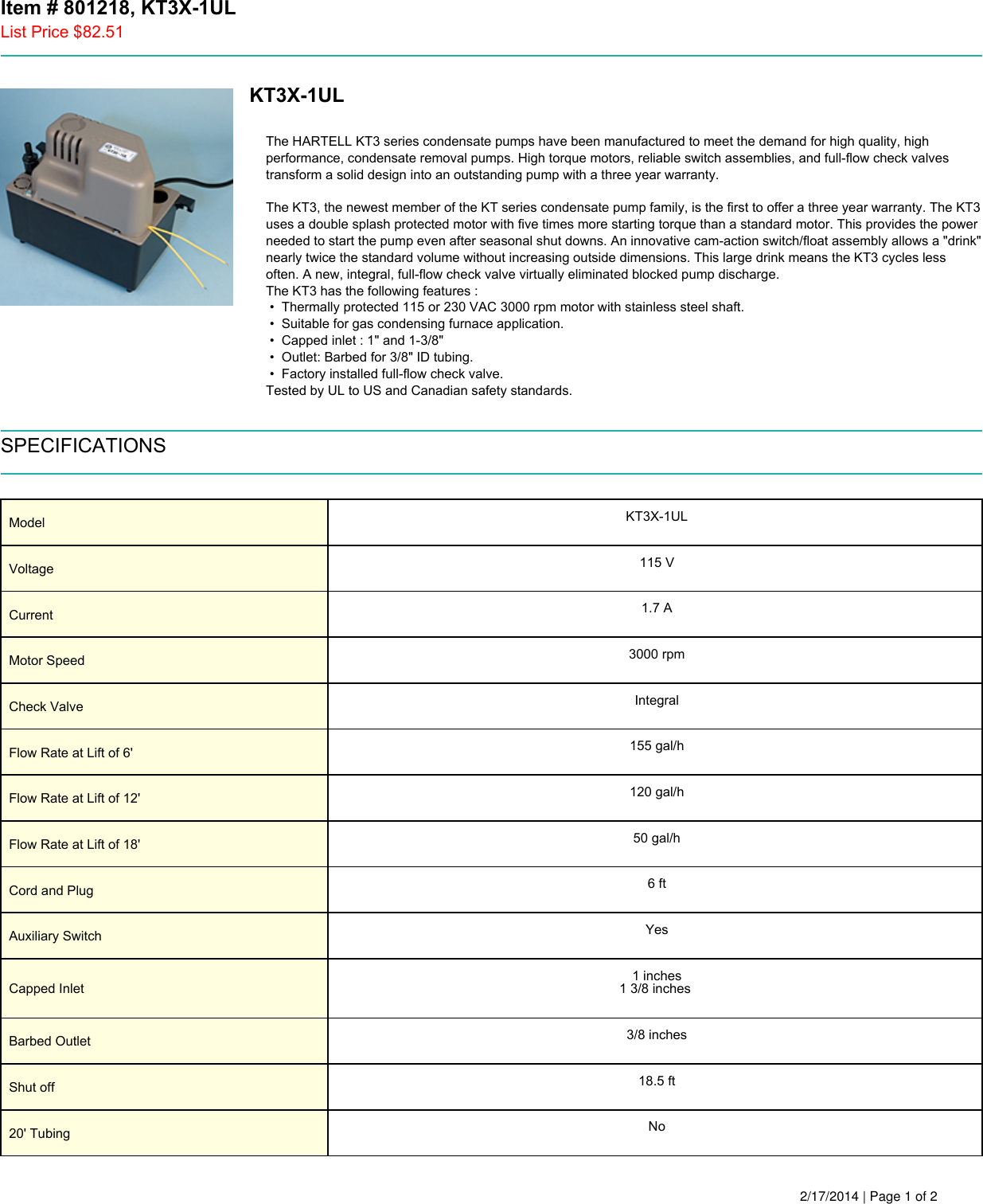 Page 1 of 2 - 534764 1 Hartell Kt3X-1Ul Specifications User Manual