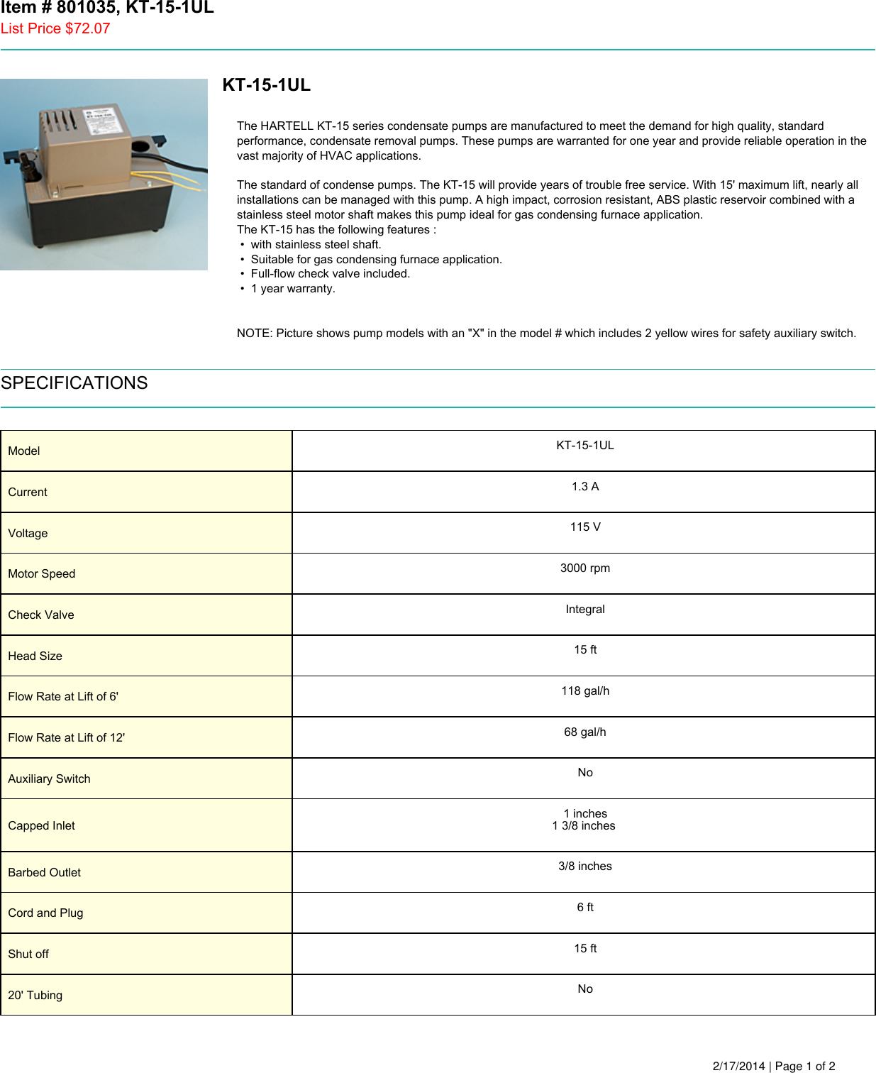 534770 1 Hartell Kt 15 1Ul Specifications User Manual