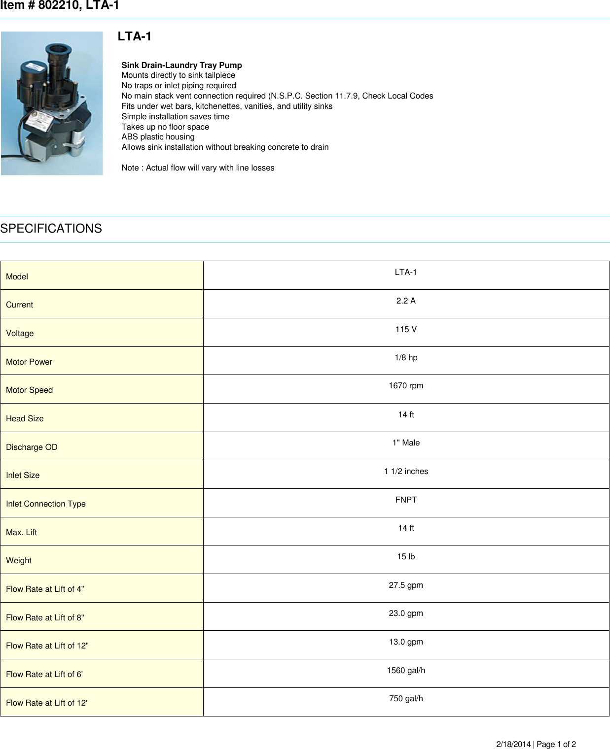 Page 1 of 2 - 534873 1 Hartell Lta-1 Specifications User Manual