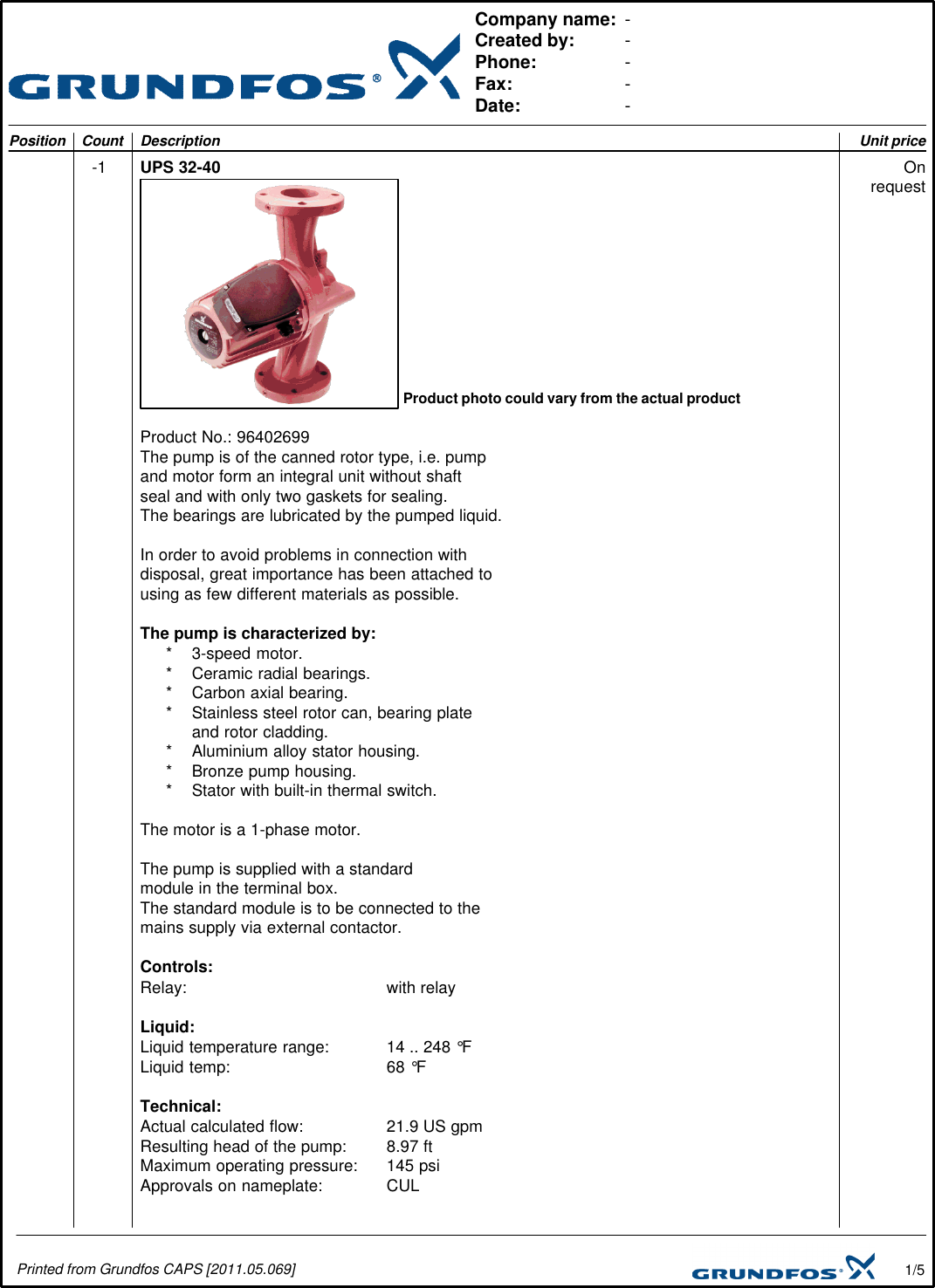 Page 1 of 5 - 535180 1 Grundfos Ups 32-40 Submittal Print/Preview User Manual