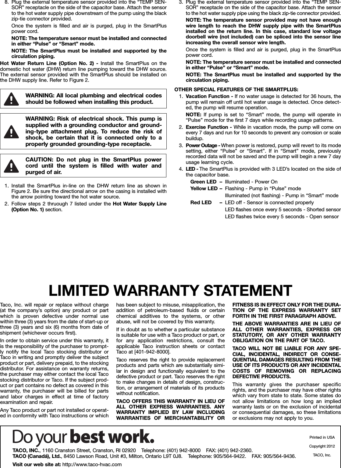 Page 2 of 6 - 535233 2 Taco Smart Plus Instructions 102-340 User Manual