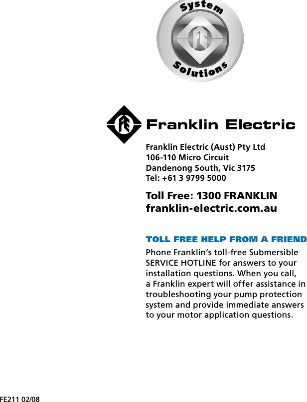 Page 8 of 8 - 535538 2 Franklin Pumptec Manual User