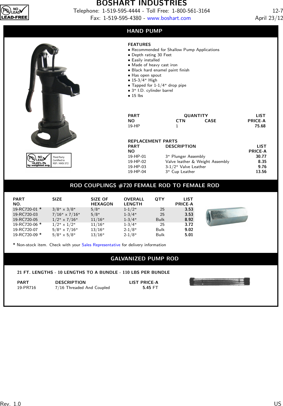 Page 1 of 1 - 536541 1 Handpumps YARD HYDRANTS, WELL POINTS, HAND PUMPS User Manual