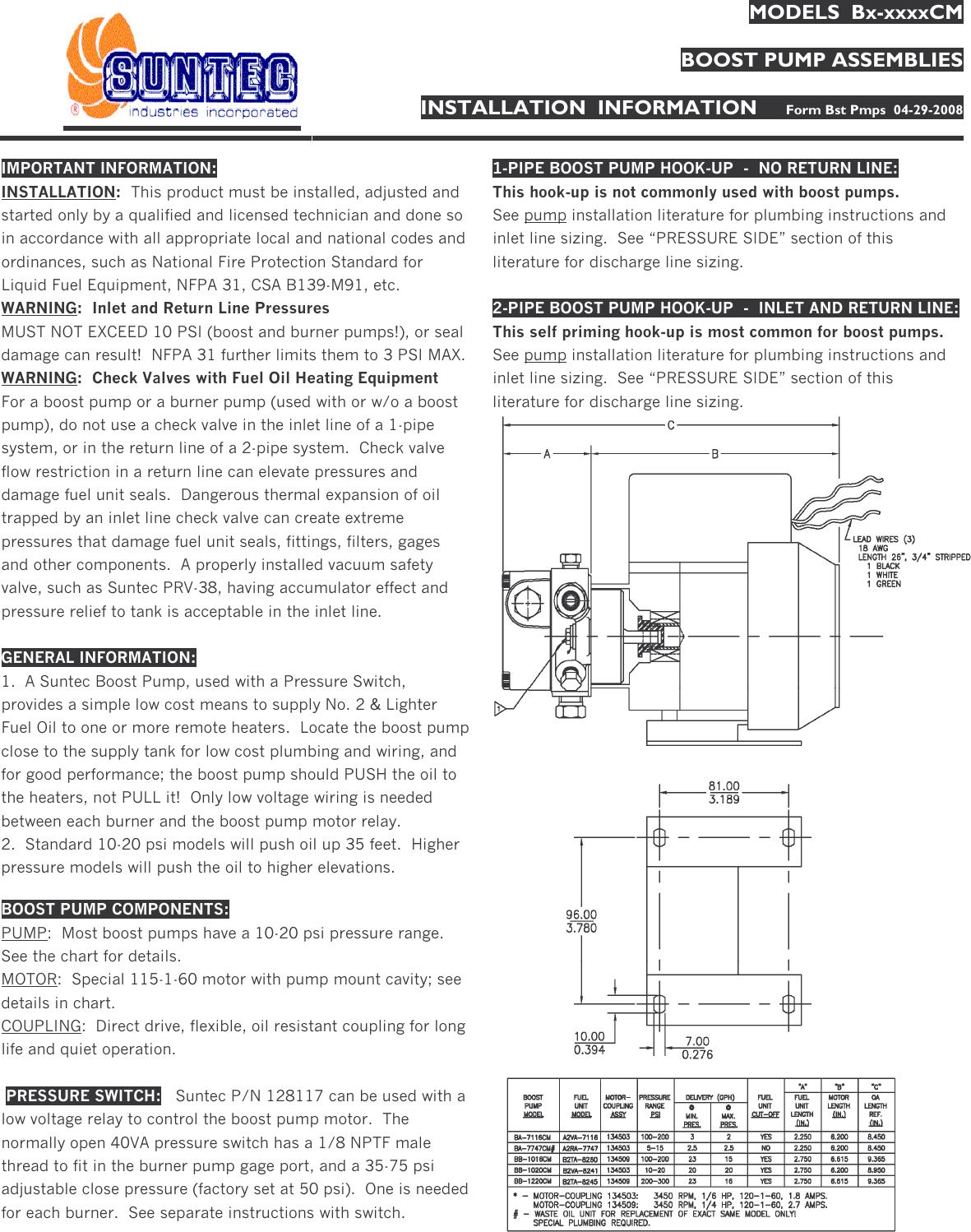 Page 1 of 3 - 536588 2 Suntec Boost Pump Instructions Form Bst Pmps - Install Info, Pumps Bx-xxxxCM, 04-29-08 User Manual