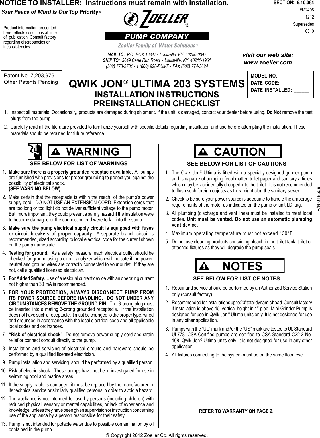 Page 1 of 8 - 536686 1 Zoeller Qwik Jon Ultima 203 System Install Manual User