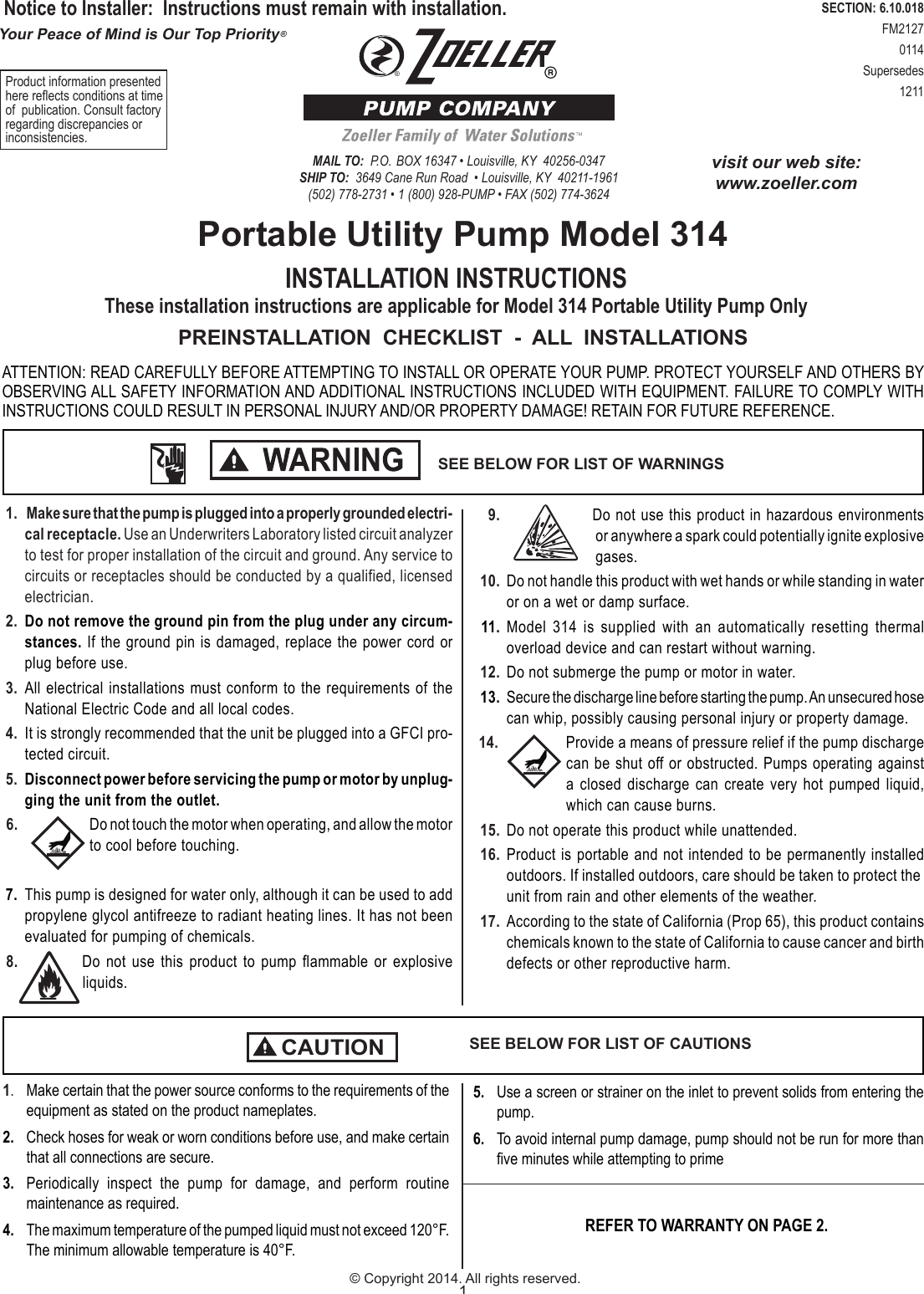 Page 1 of 12 - 536700 1 Zoeller Utility Pump  314 Install Instructions User Manual